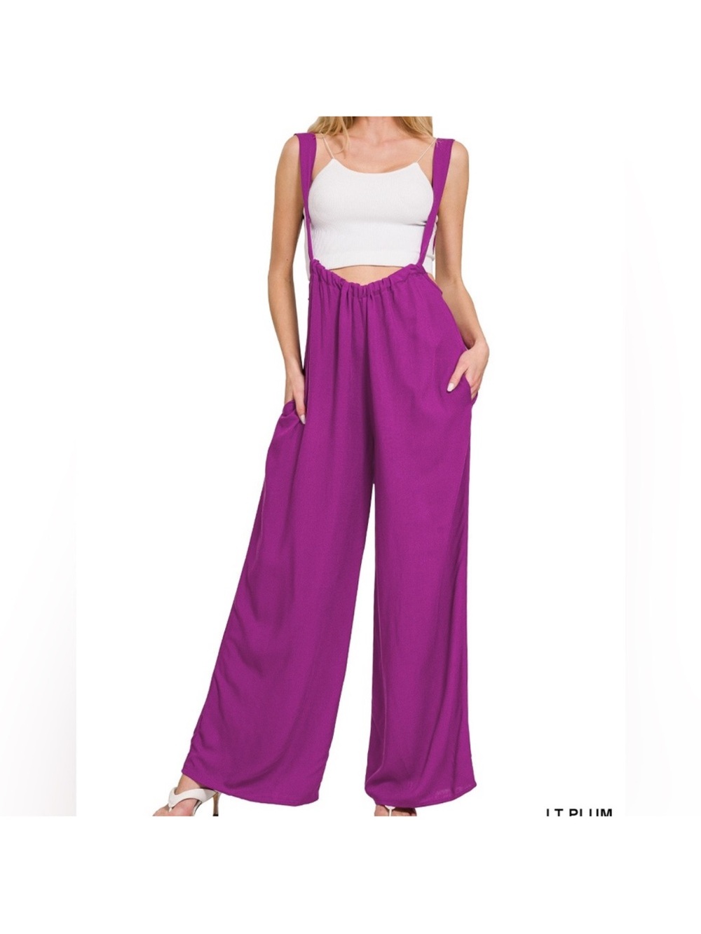 Zenana Outfitters Plum Wide-Leg Suspender Jumpsuit - Picture 2 of 3